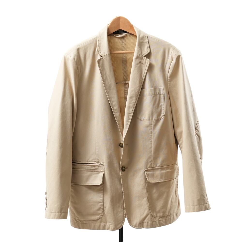L.L. Bean Field Blazer Large Mens Utility Safari Sport Jacket Khaki Elbow Patch